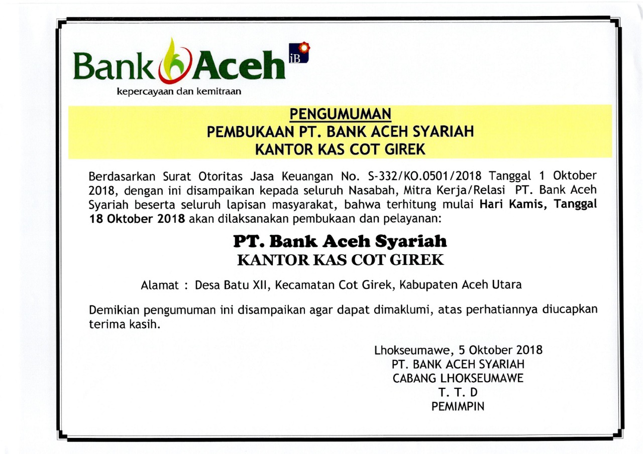 Pengumuman Bank Aceh